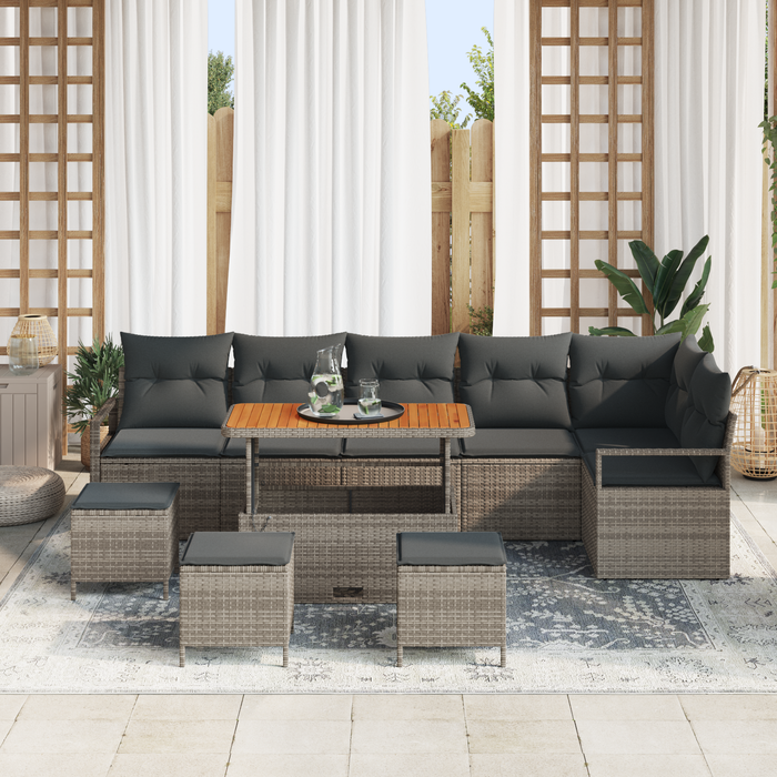 Set da giardino 10 pezzi con cuscini Grigio Polirattan Acacia