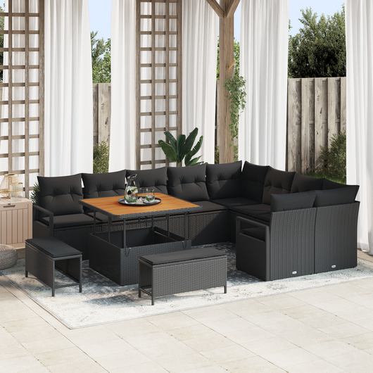 Set di divano da giardino a 12 pezzi con cuscini in polyrattan nero e acacia