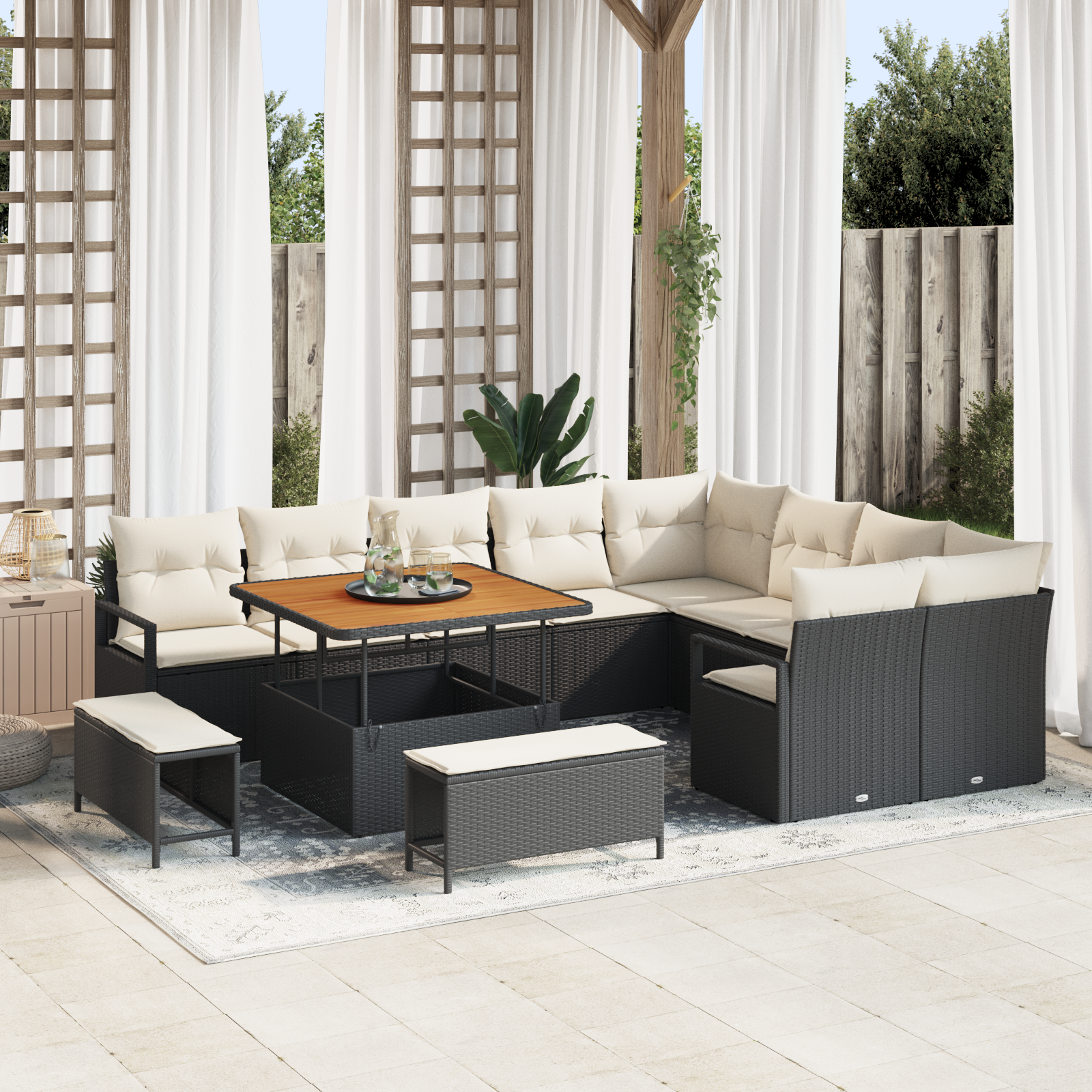 Set di Divano da Giardino  in 12 Pezzi con Cuscini Rattan Sintetico Nero e Acacia