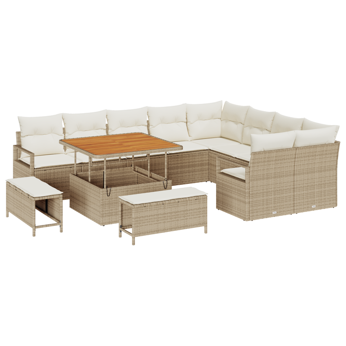 Set da Giardino in 12 Pezzi con Cuscini Beige in Rattan Polimerico e Acacia
