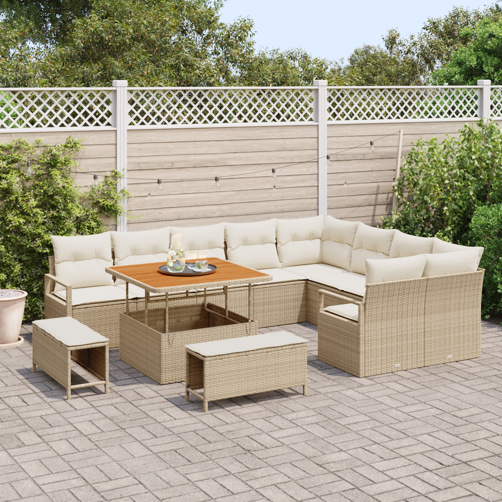 Set da Giardino in 12 Pezzi con Cuscini Beige in Rattan Polimerico e Acacia