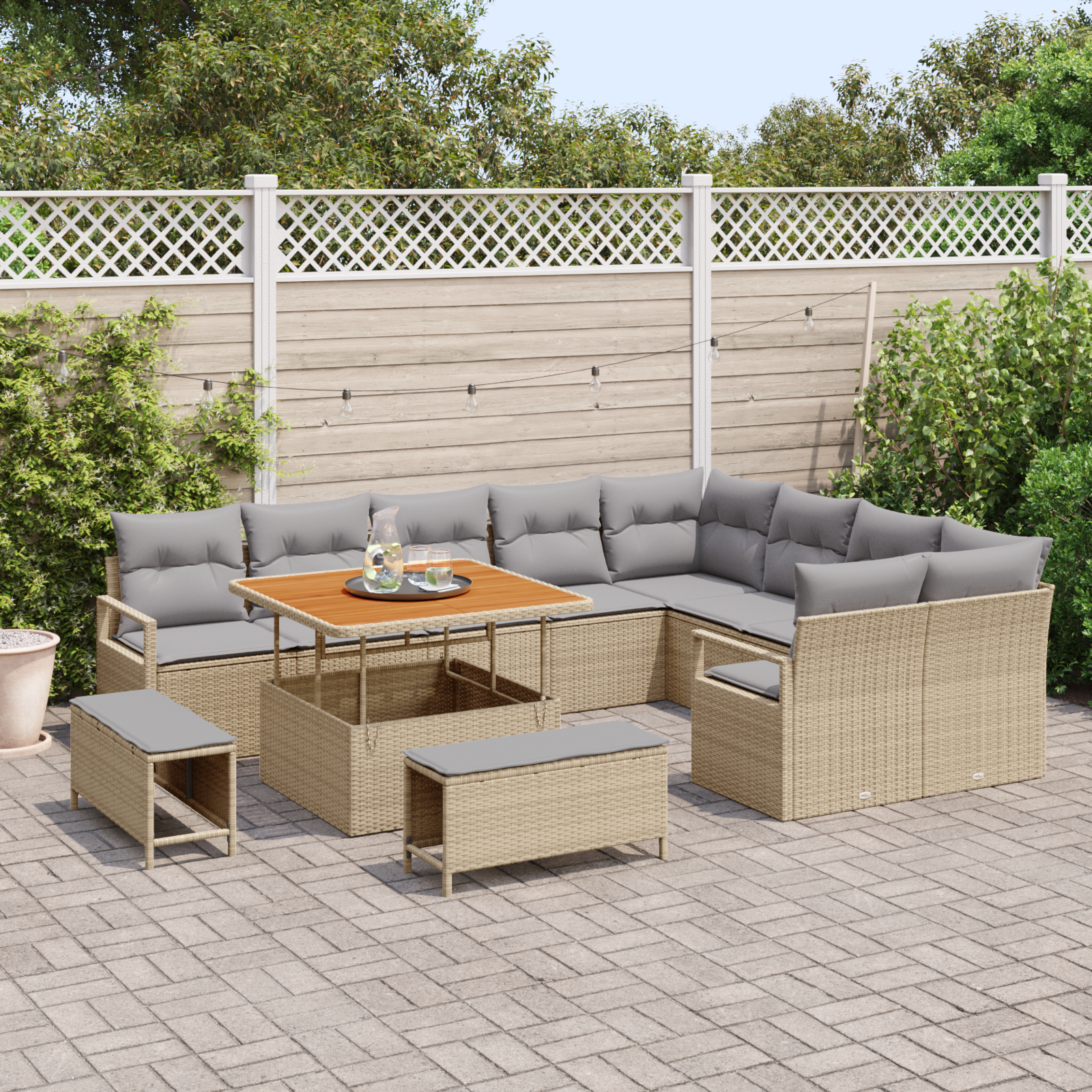 Set Divano da Giardino  12 Pezzi con Cuscini Beige Rattan Poliestere
