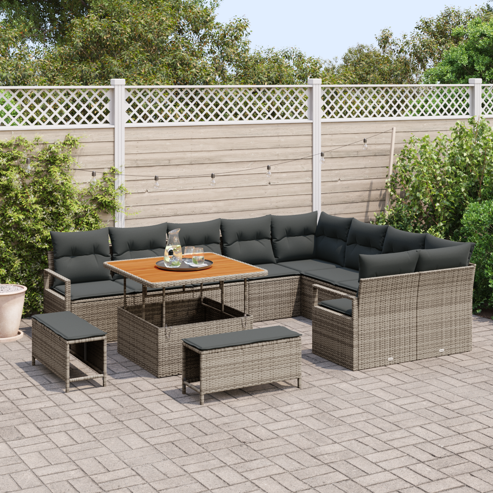 Set divano da giardino di 12 pezzi con cuscini in polyrattan grigio e acacia