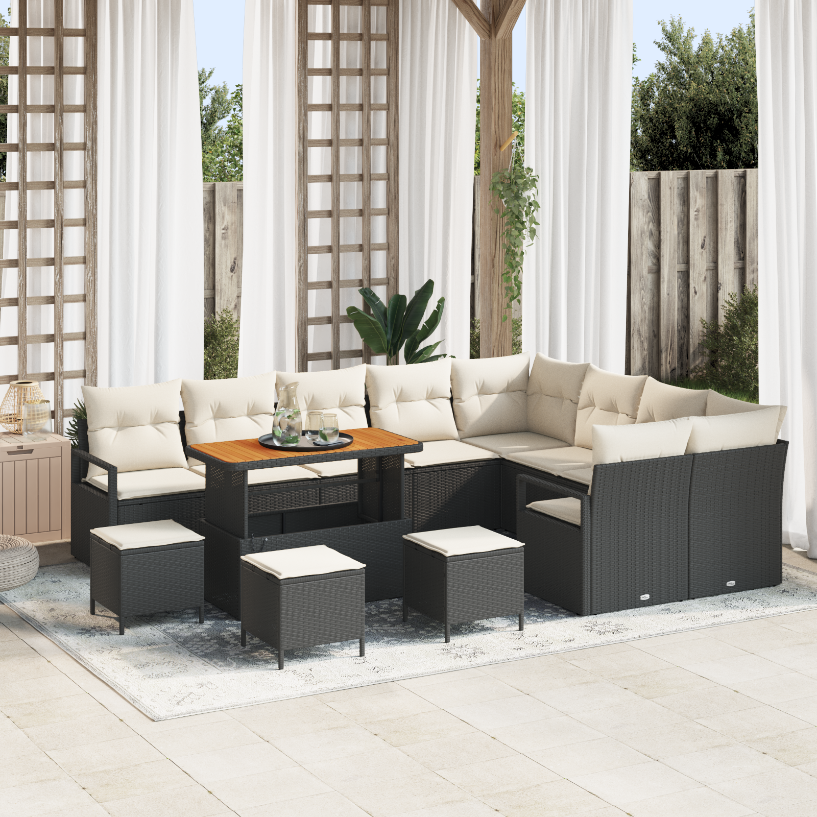 Set da Giardino in 13 Pezzi con Cuscini Polyrattan Nero Acacia