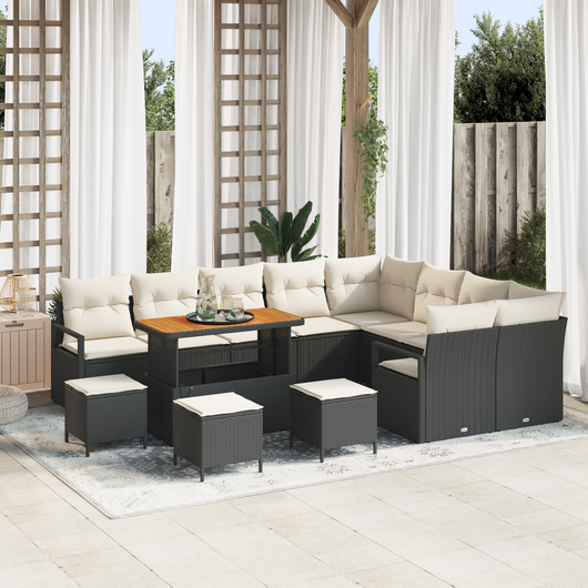 Set da Giardino in 13 Pezzi con Cuscini Polyrattan Nero Acacia