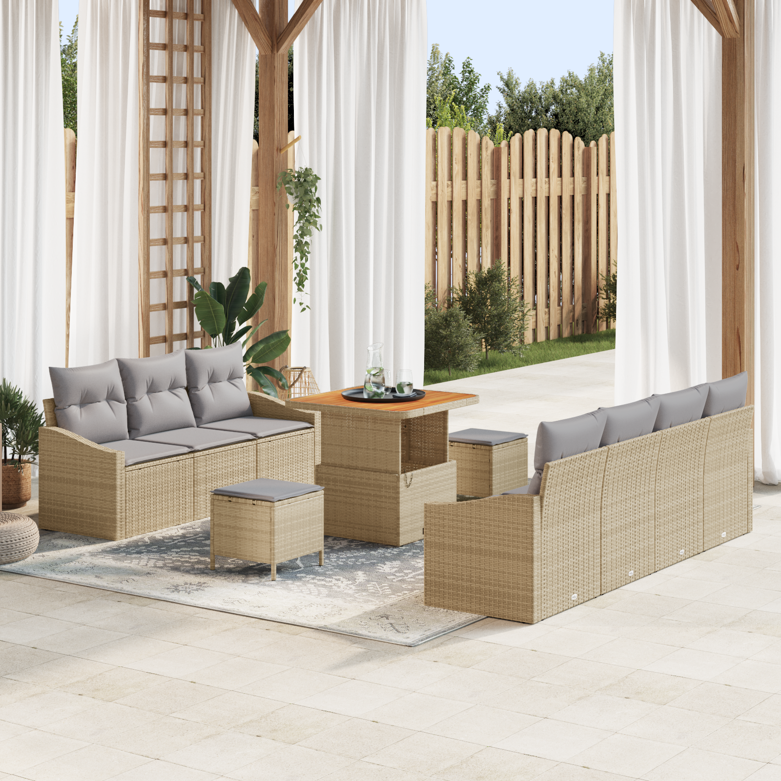 Set Divano da Giardino da 10 Pezzi con Cuscini Beige Polyrattan Acacia
