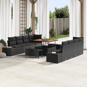 Set da giardino a 11 pezzi con cuscini in polyrattan nero e acacia