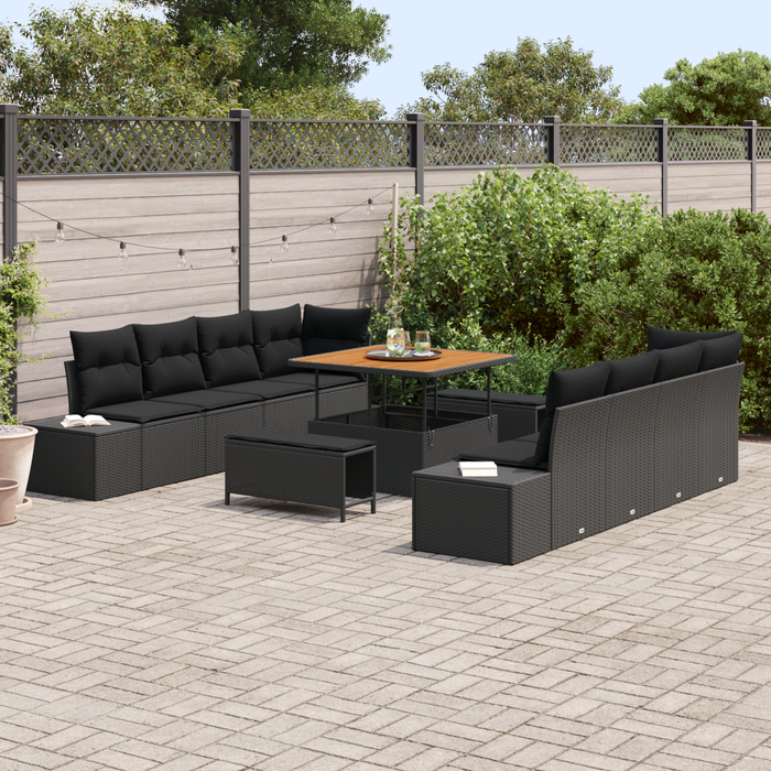Set da giardino a 11 pezzi con cuscini in polyrattan nero e acacia