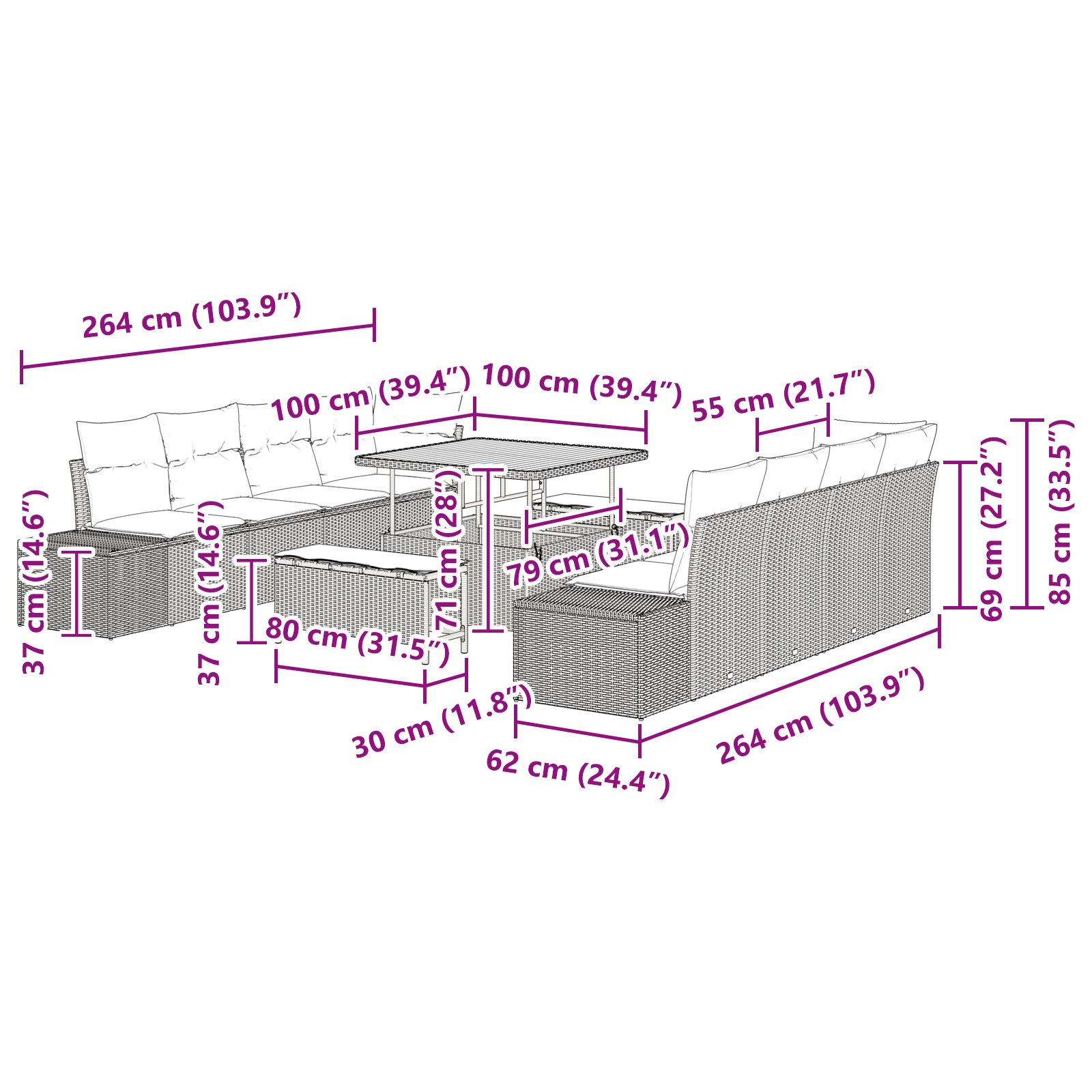 Set da giardino a 11 pezzi con cuscini in polyrattan nero e acacia