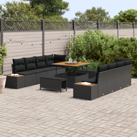 Set di 11 Pezzi di Divano da Giardino con Cuscini Rattan Nero Acacia