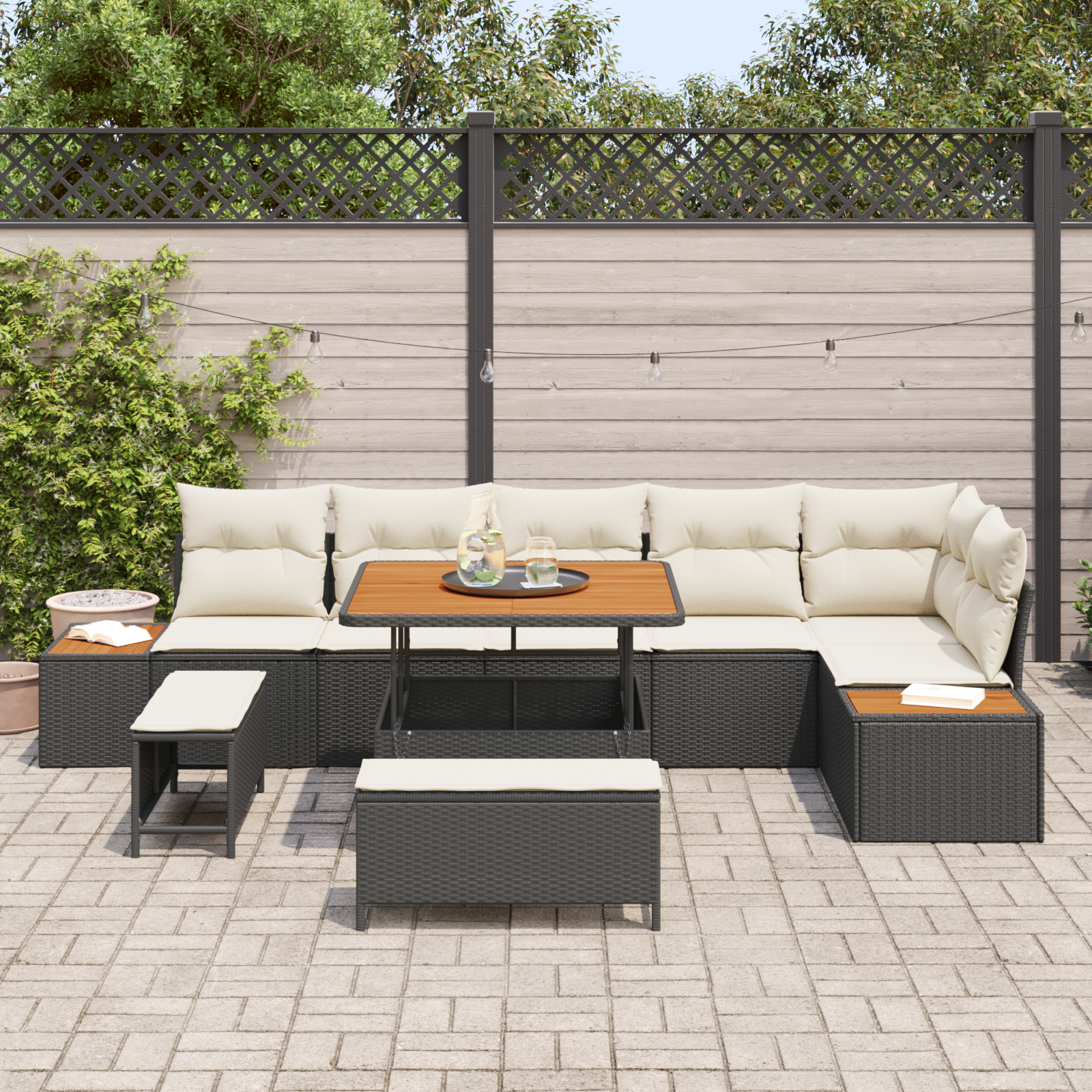 Set di Sofà da Giardino 9 Pezzi con Cuscini in Rattan Sintetico Nero e Legno di Acacia