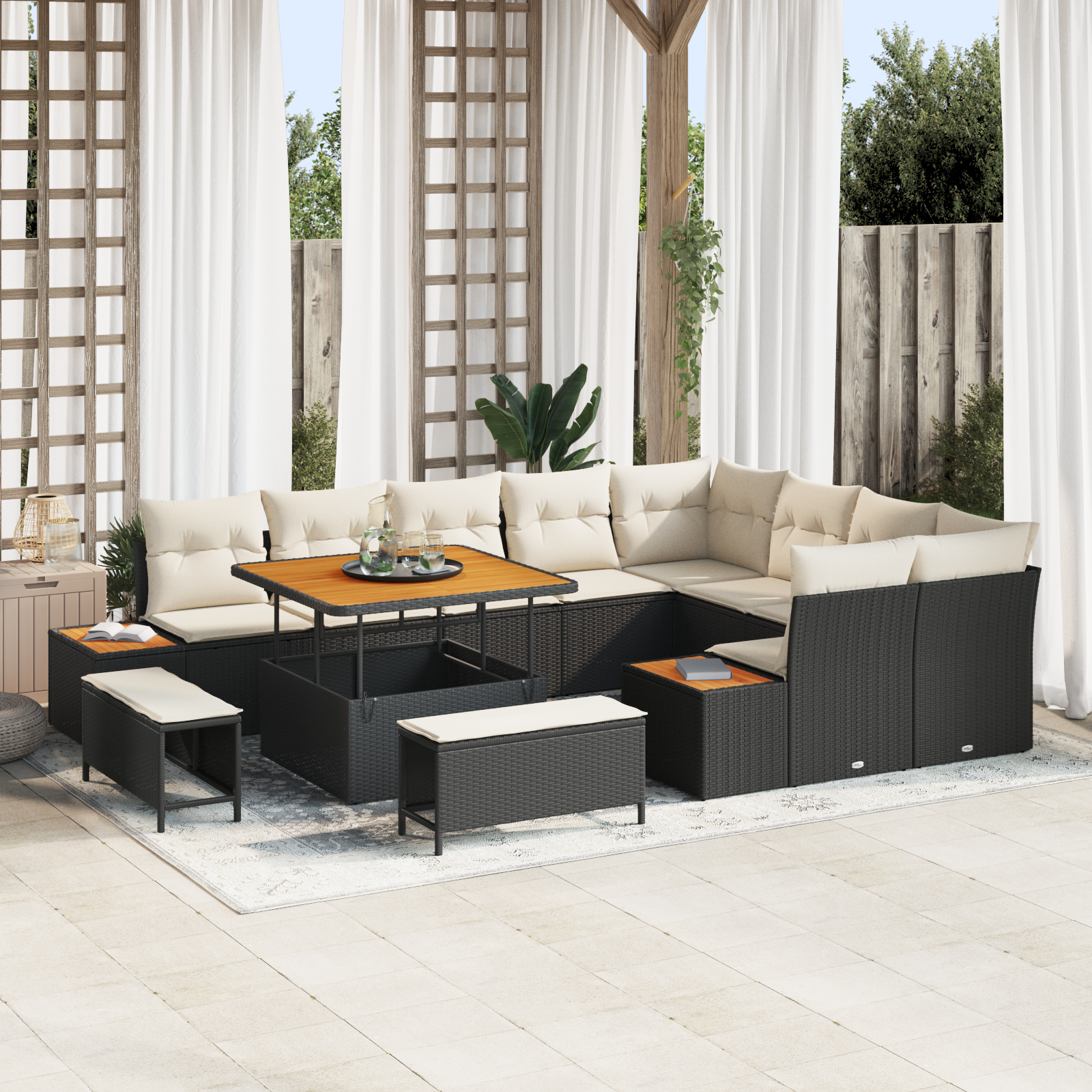Set di Sofa da Giardino 12 Pezzi con Cuscini Rattan Sintetico Nero Acacia