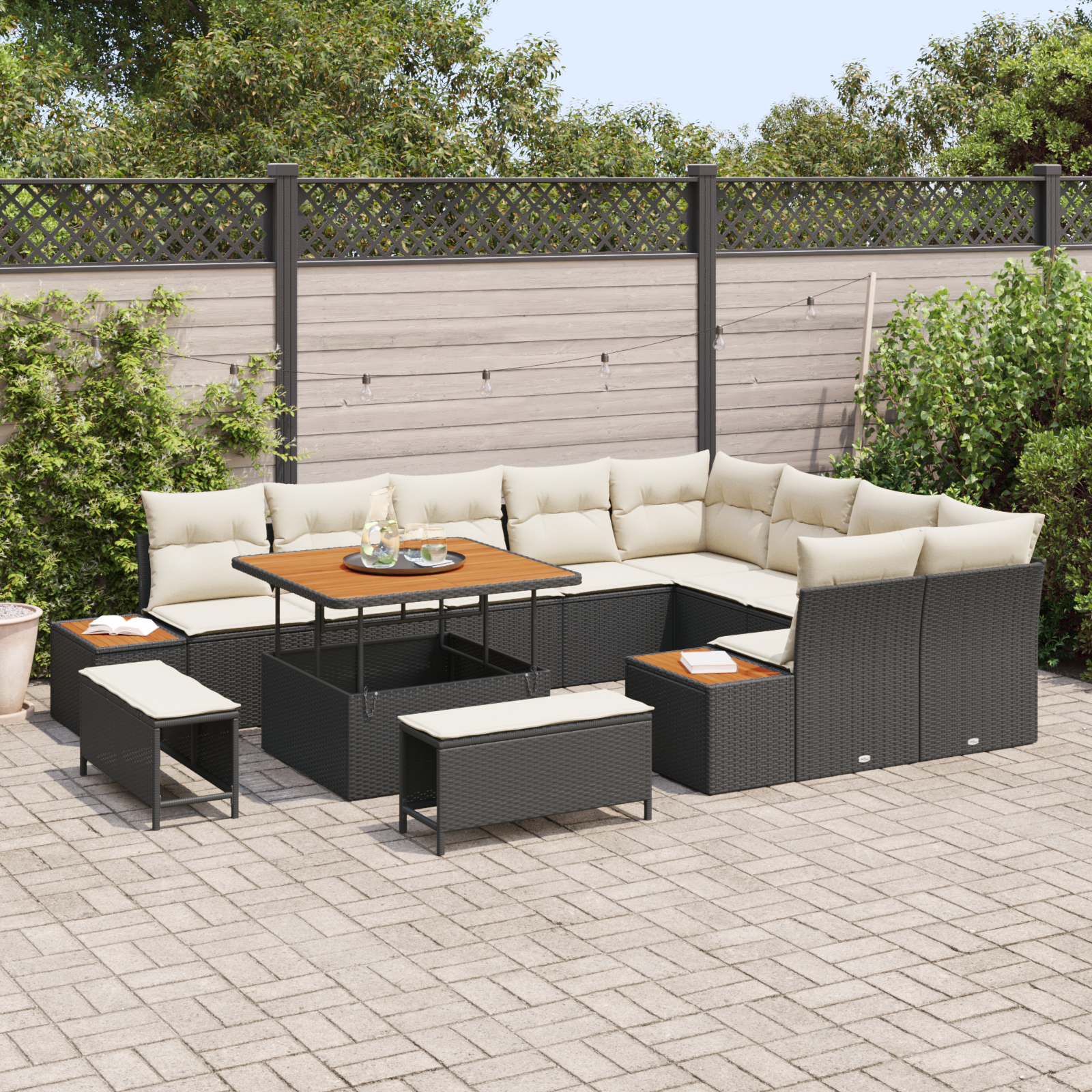Set di Sofa da Giardino 12 Pezzi con Cuscini Rattan Sintetico Nero Acacia
