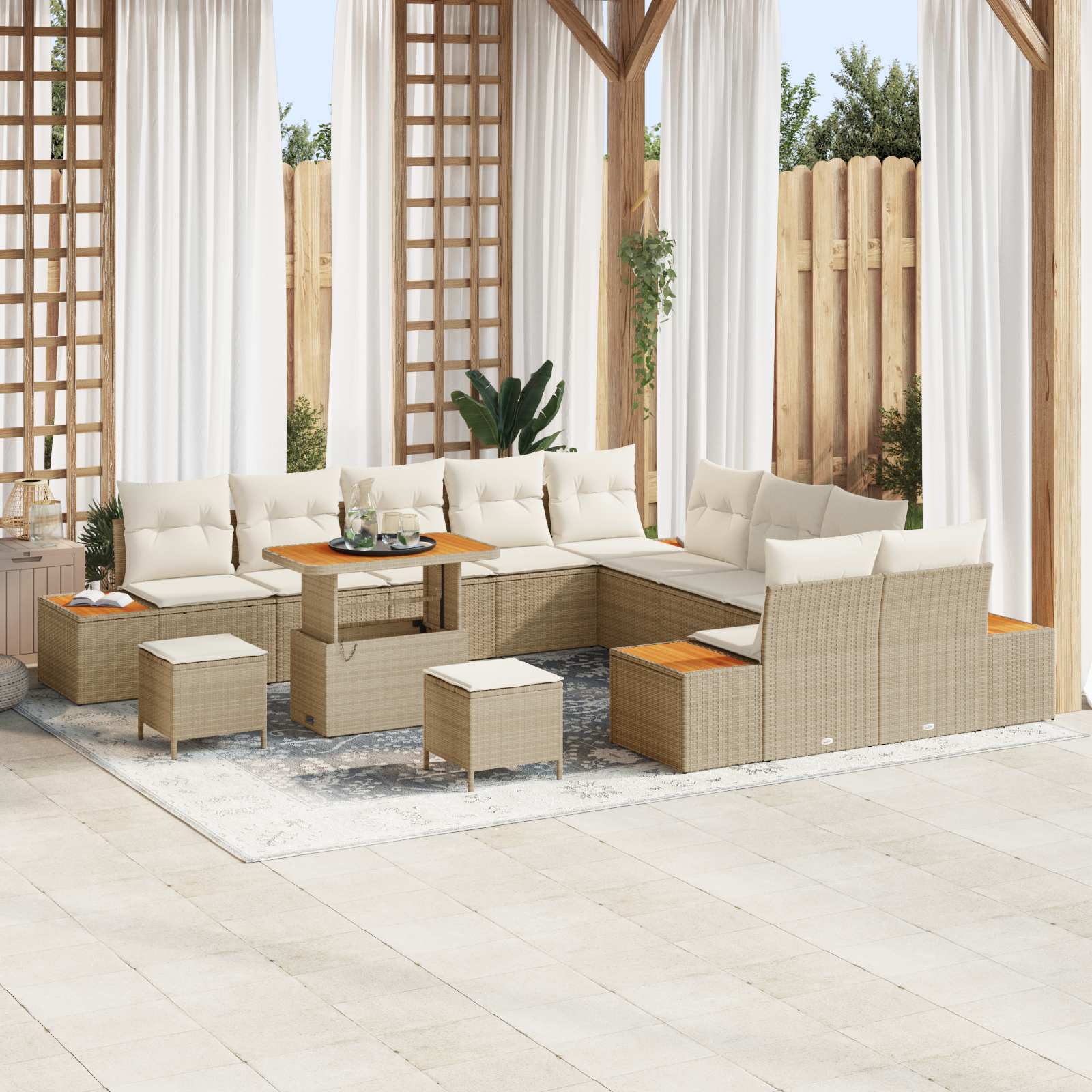 Set di Mobili da Giardino da 13 Pezzi con Cuscini Beige Polirattan Acacia