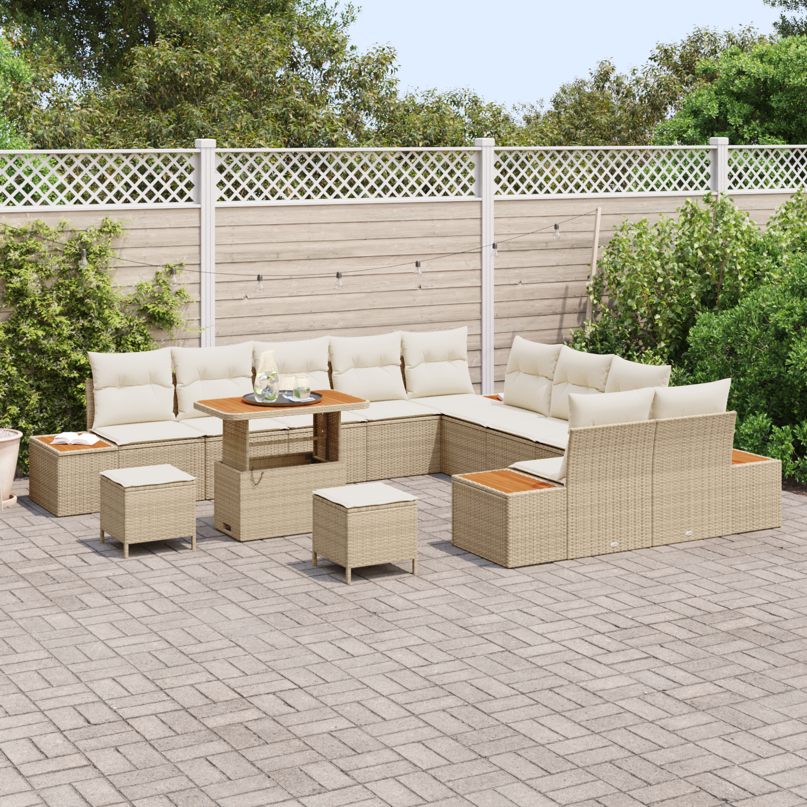 Set di Mobili da Giardino da 13 Pezzi con Cuscini Beige Polirattan Acacia