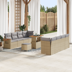 Set di Sofà da Giardino  da 11 Pezzi con Cuscini Polirattan Beige Acacia