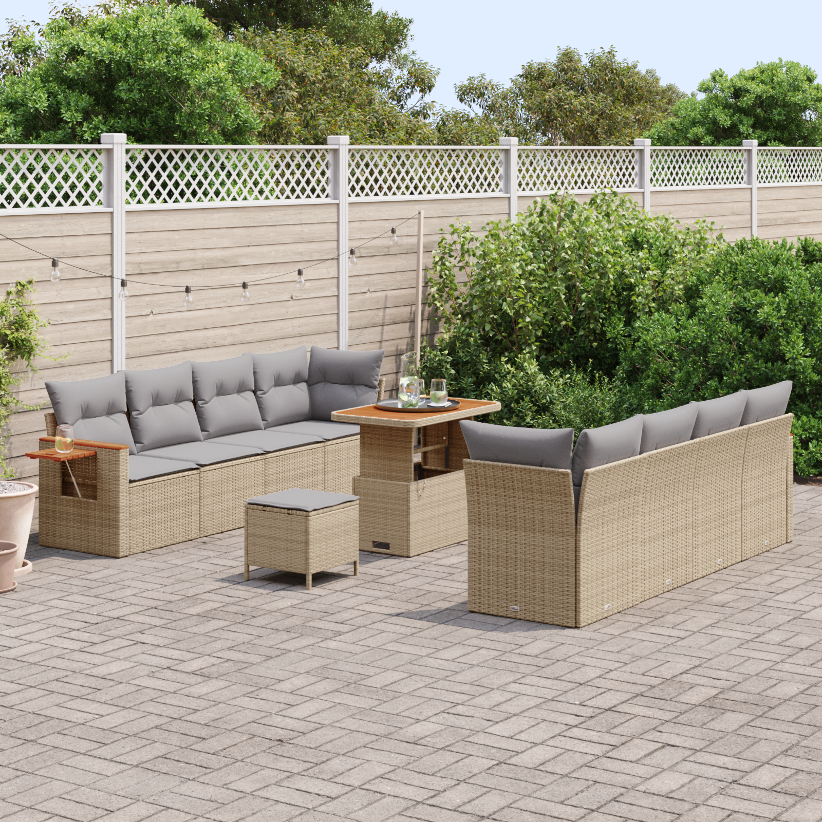 Set di Sofà da Giardino  da 11 Pezzi con Cuscini Polirattan Beige Acacia