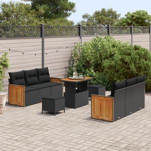 Set di 9 pezzi da giardino  con cuscini neri in polyrattan e acacia