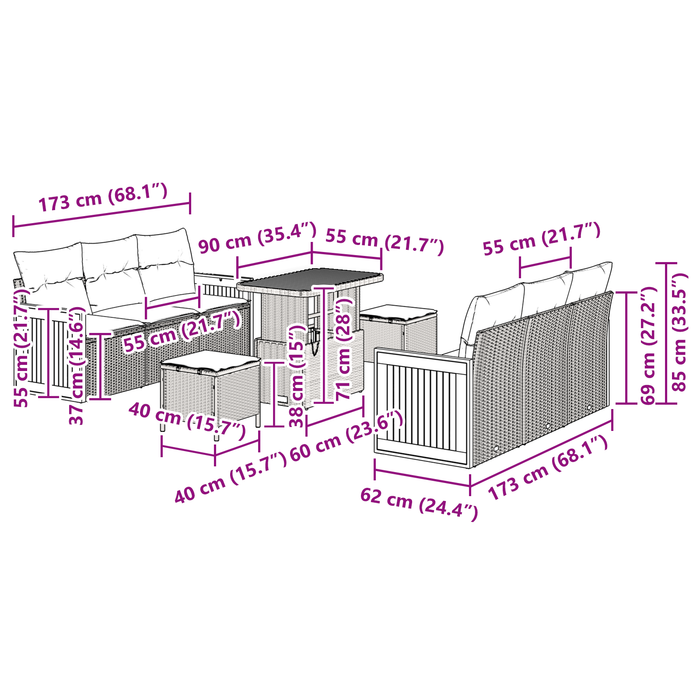 Set di 9 pezzi da giardino  con cuscini neri in polyrattan e acacia