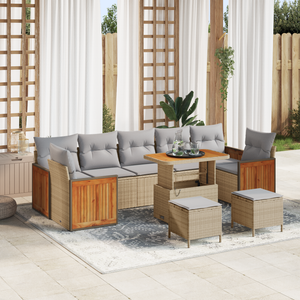 Set da giardino con cuscini beige poly rattan acacia da 10 pezzi