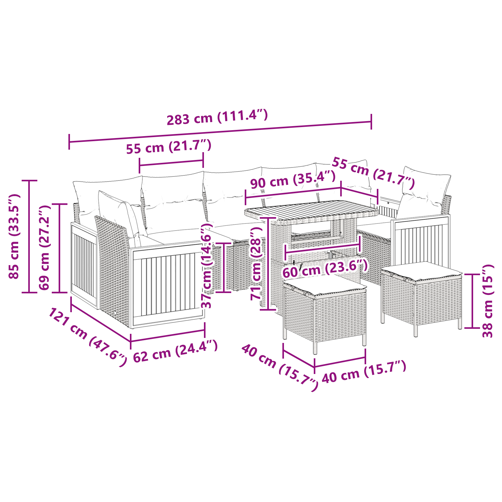 Set da giardino con cuscini beige poly rattan acacia da 10 pezzi