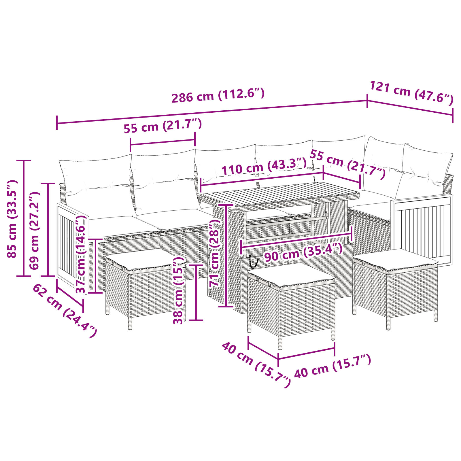 Set Divano da Giardino 10 Pezzi con Cuscini Nero in Rattan Sintetico