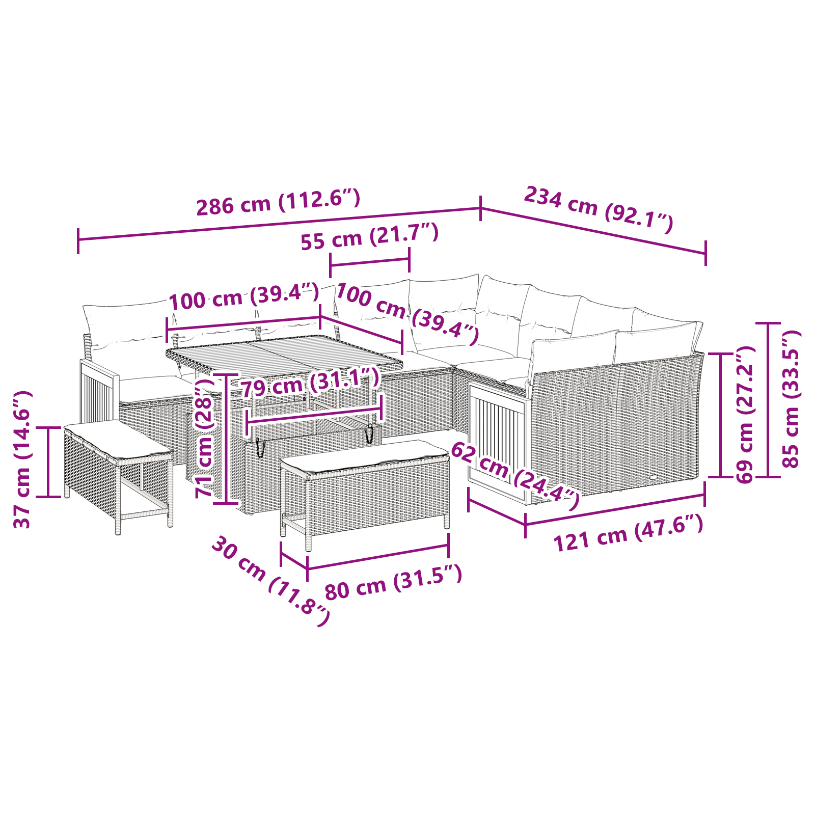 Set di divani da giardino  da 12 pezzi con cuscini Beige Rattan Polietilene Acacia