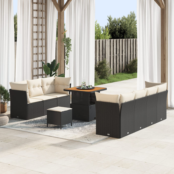 Set di sofà da giardino da 10 pezzi con cuscini in polyrattan nero e acacia