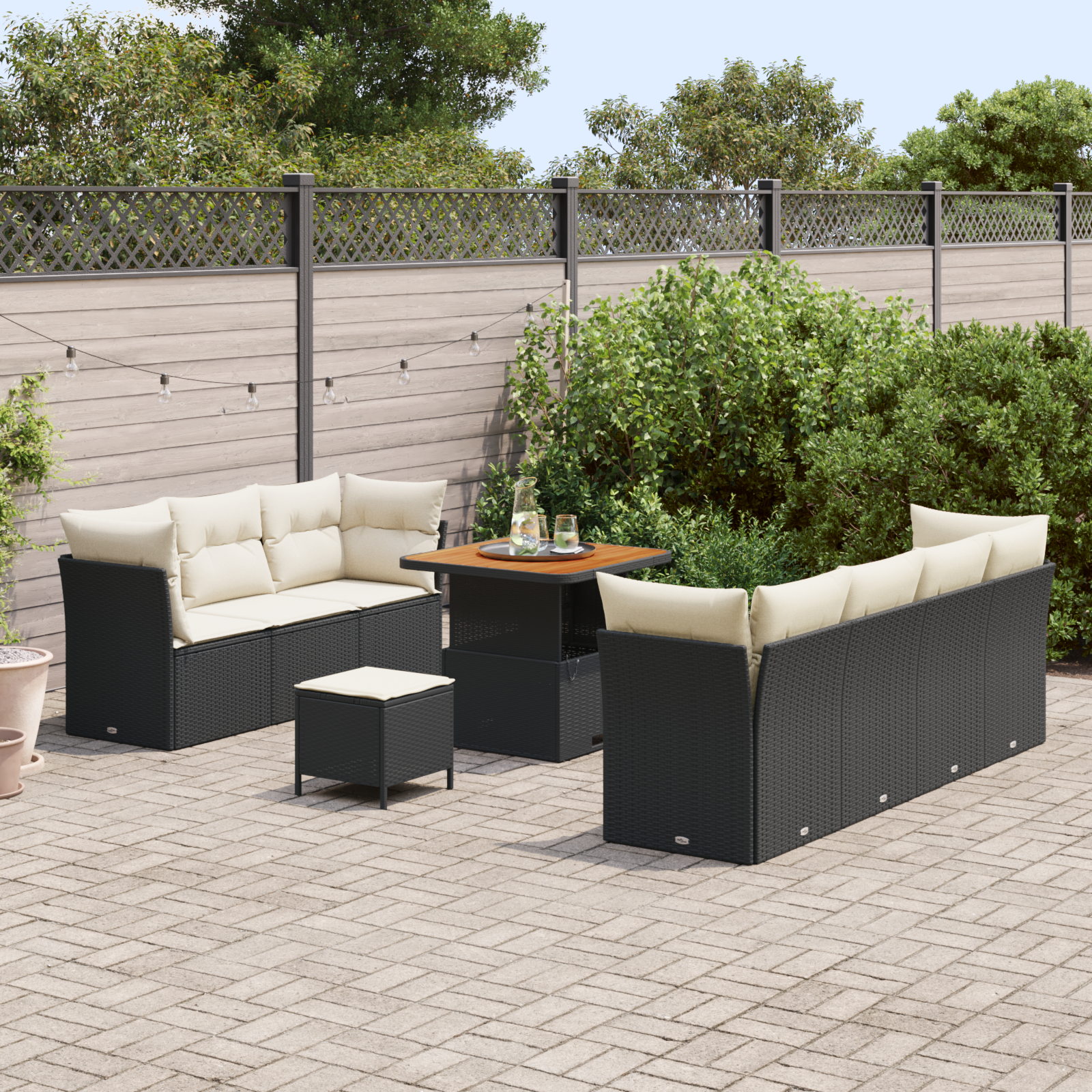 Set di sofà da giardino da 10 pezzi con cuscini in polyrattan nero e acacia
