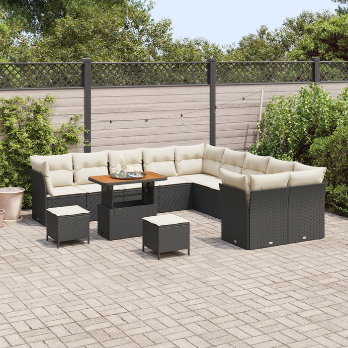 Set di Sofà da Giardino da 13 Pezzi con Cuscini Nero Rattan Polimerico Acacia