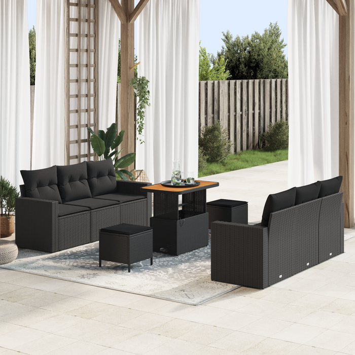 Set di Sofà da Giardino 9 Pezzi con Cuscini Nero Polyrattan Acacia