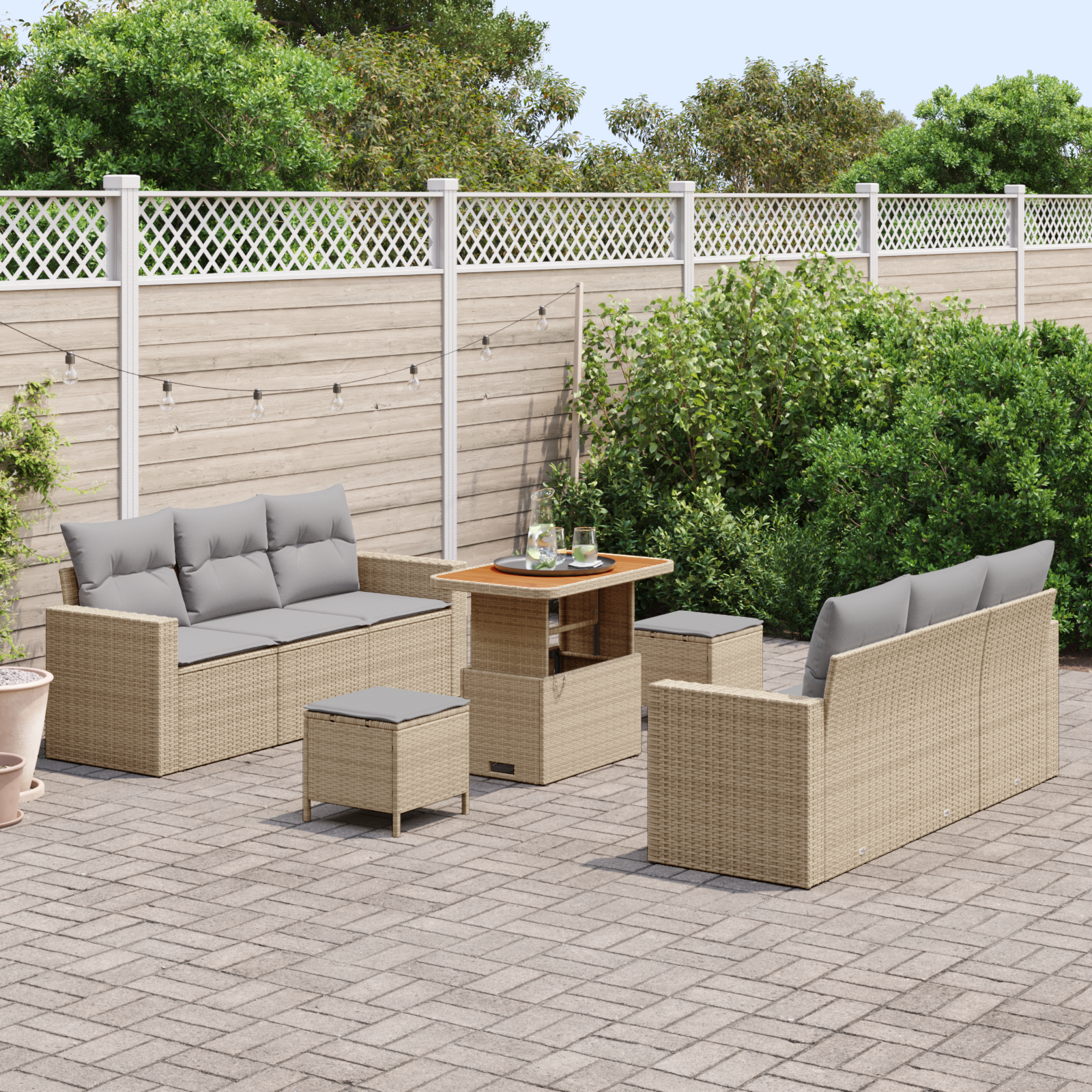 Set di Sofà da Giardino  9 Pezzi con Cuscini Beige Polirattan Acacia