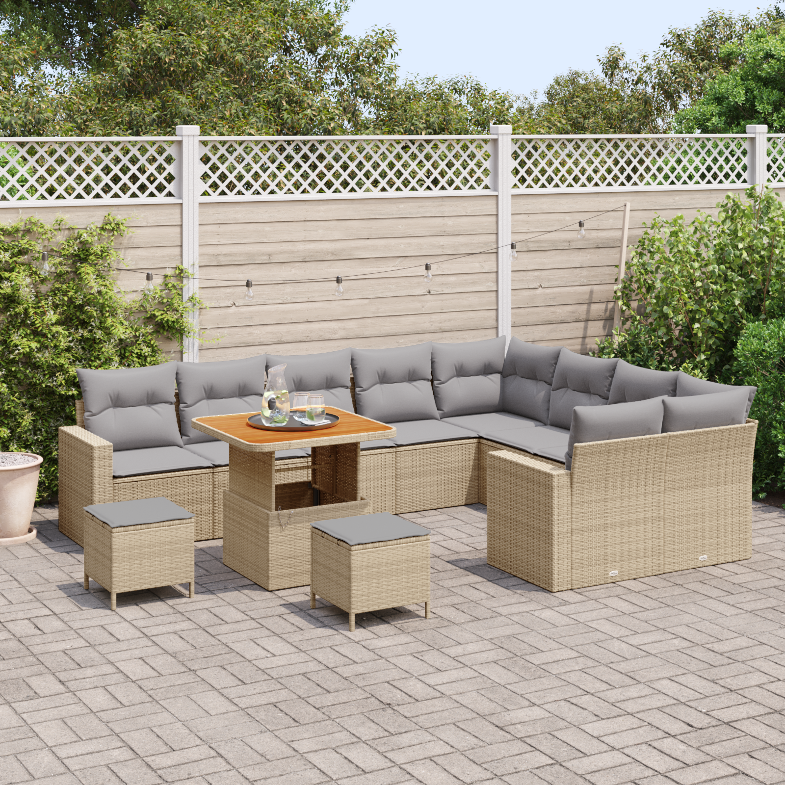 Set Divani da Giardino 12 Pezzi con Cuscini Beige Polyrattan Acacia