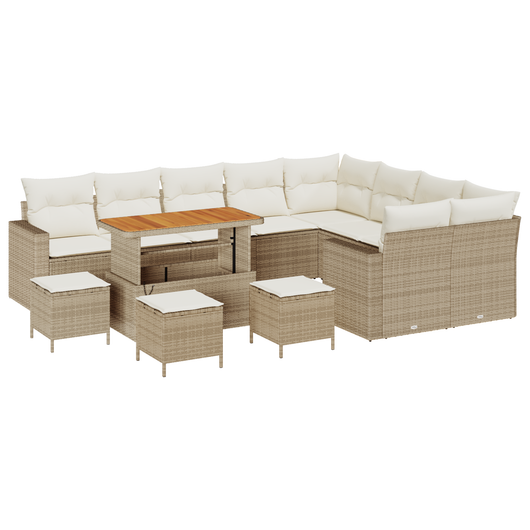 Set Divano da Giardino  13 Pezzi con Cuscini Beige Rattan Poly Acacia