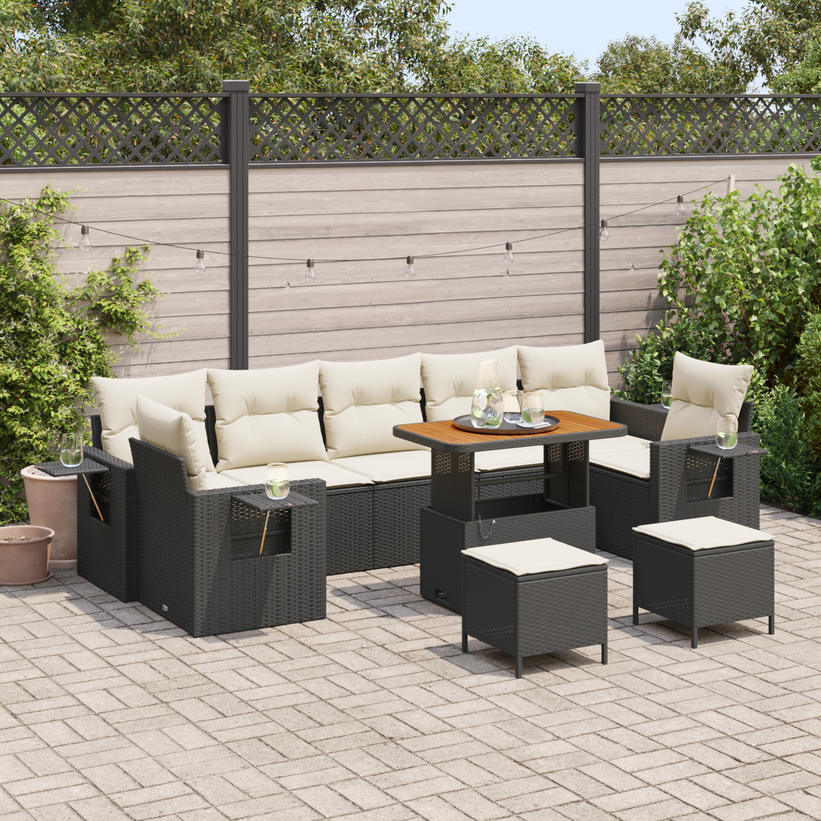 Set Divano da Giardino a 10 Pezzi con Cuscini Rattan Nero Acacia