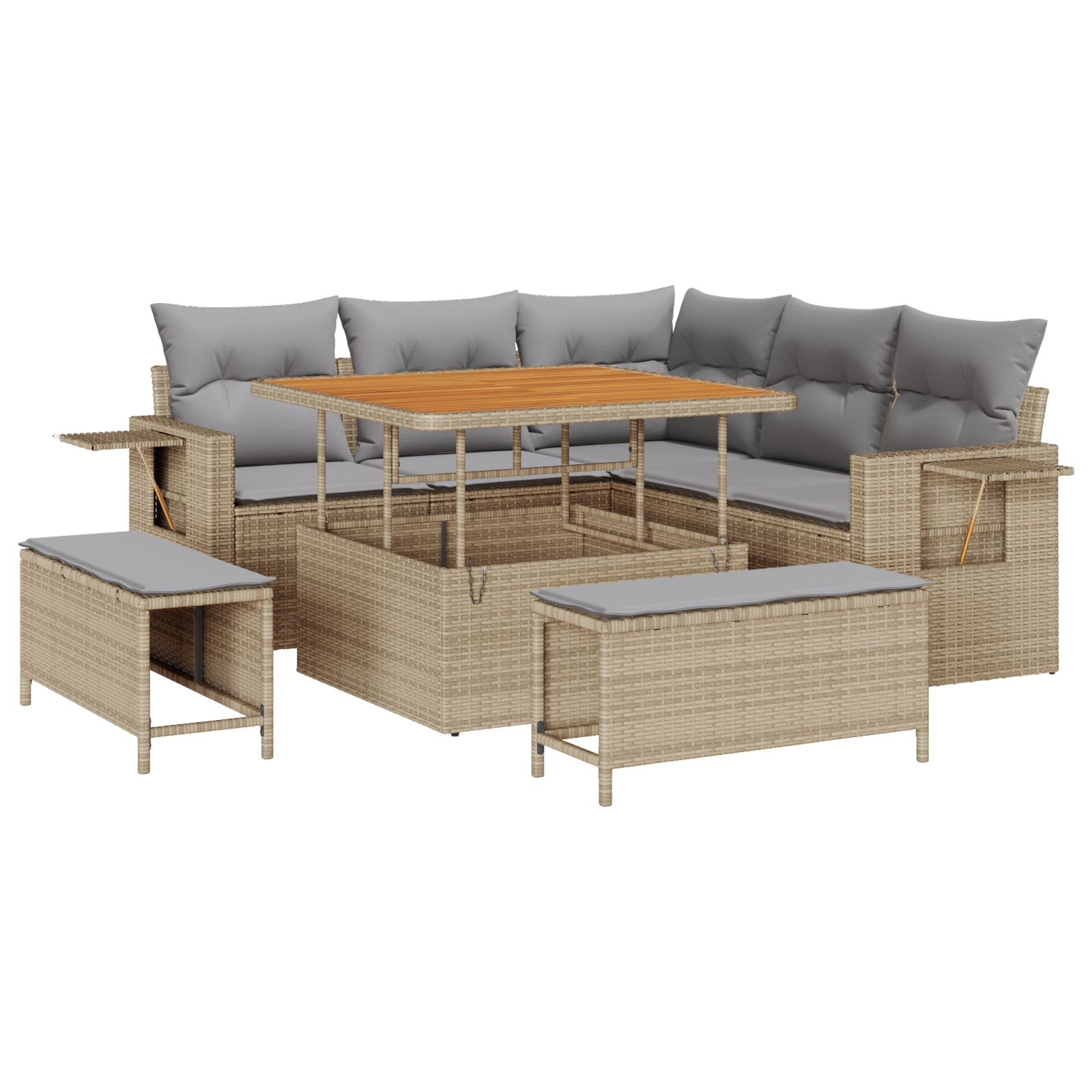 Set di Sofà da Giardino da 8 Pezzi con Cuscini Beige Polyrattan Acacia