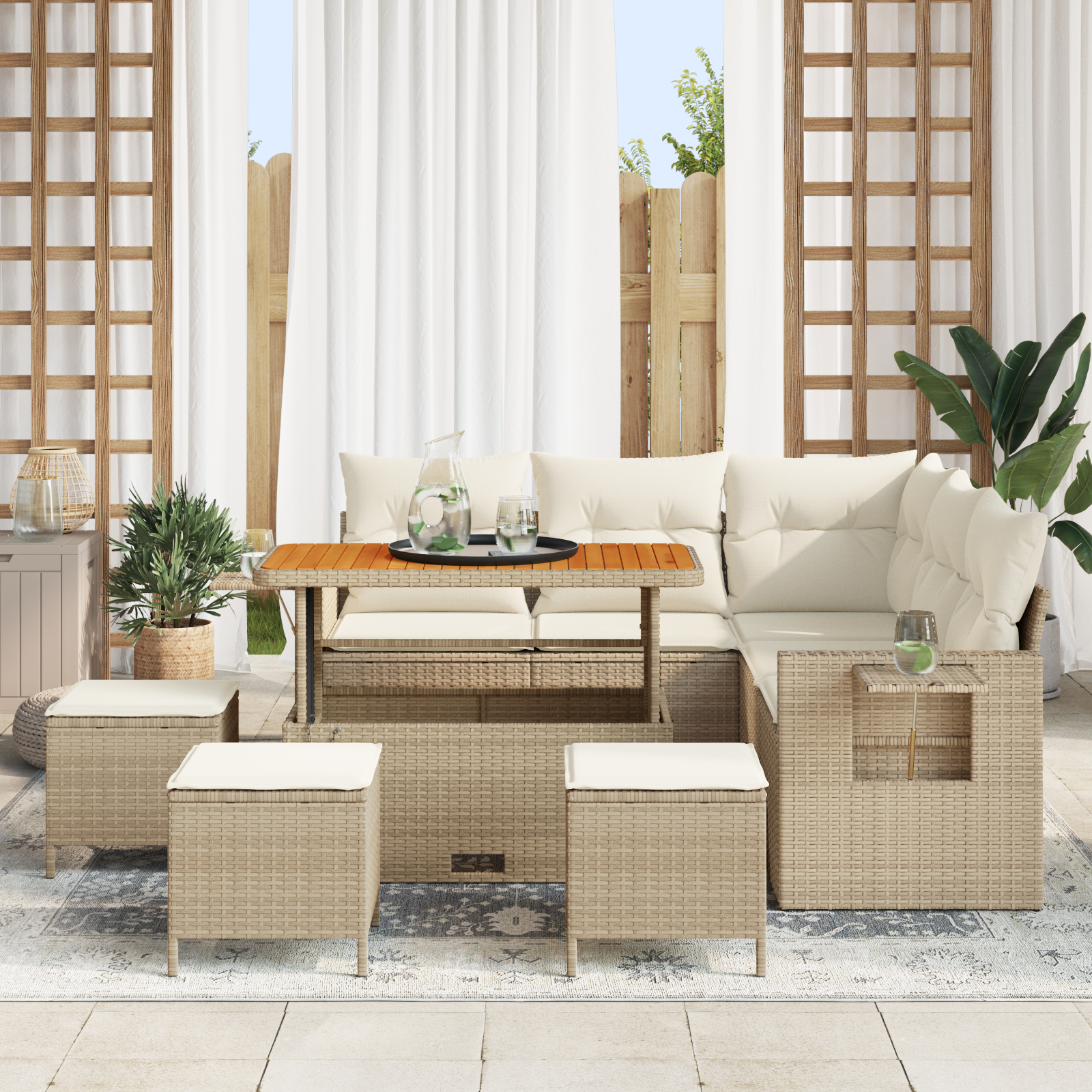 Set di divani da giardino a 9 pezzi con cuscini Beige in rattan polimerico e acacia
