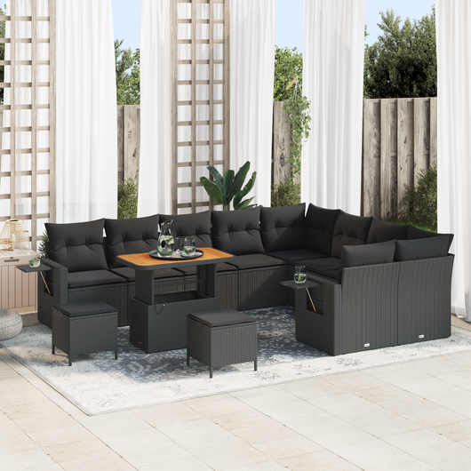 Set di Sofà da Giardino  a 12 Pezzi con Cuscini Nero Polyrattan Acacia