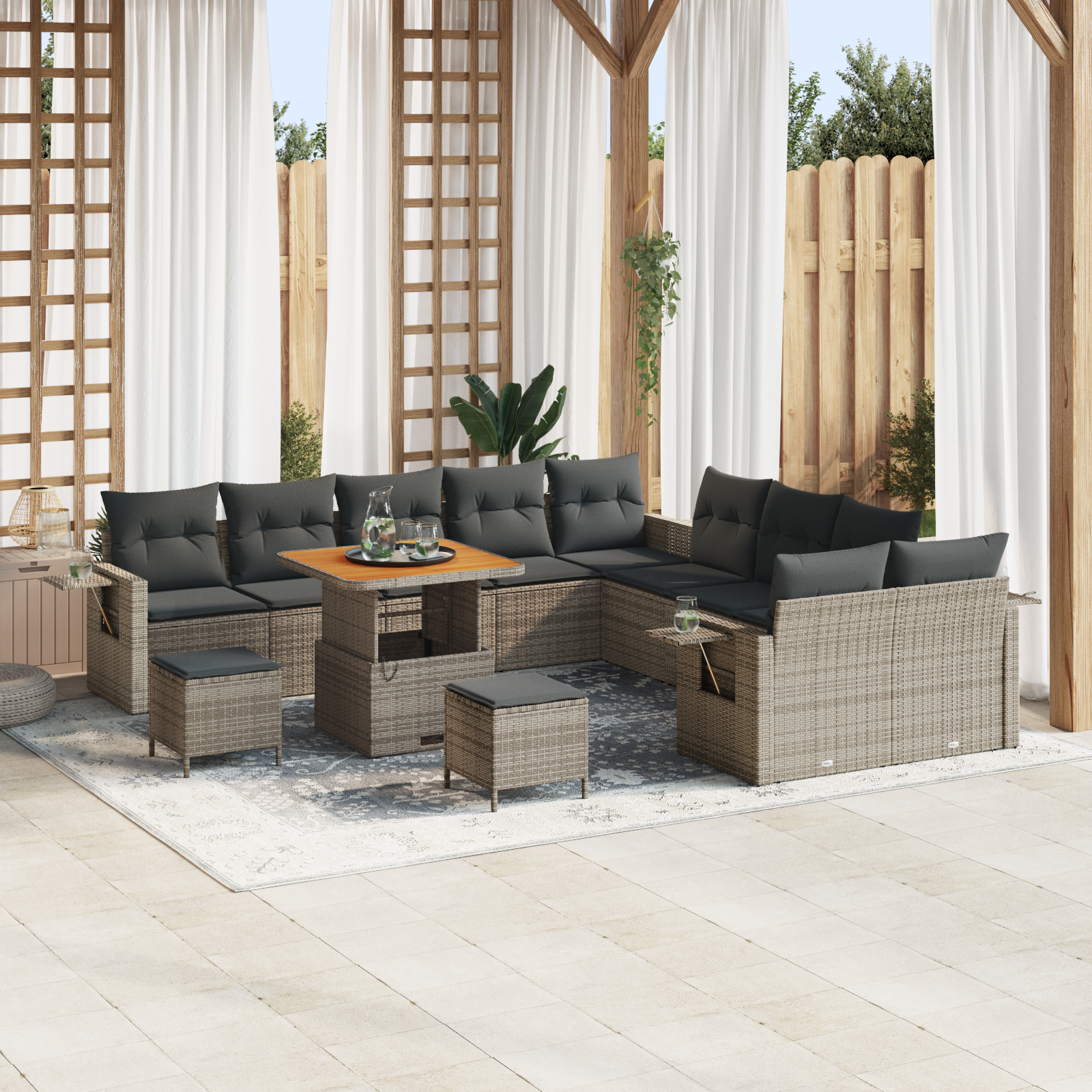 Set di divani da giardino  da 13 pezzi con cuscini grigio polyrattan acacia
