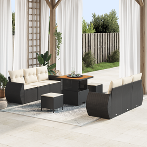 Set di divano da giardino 9 pezzi con cuscini in rattan nero e acacia