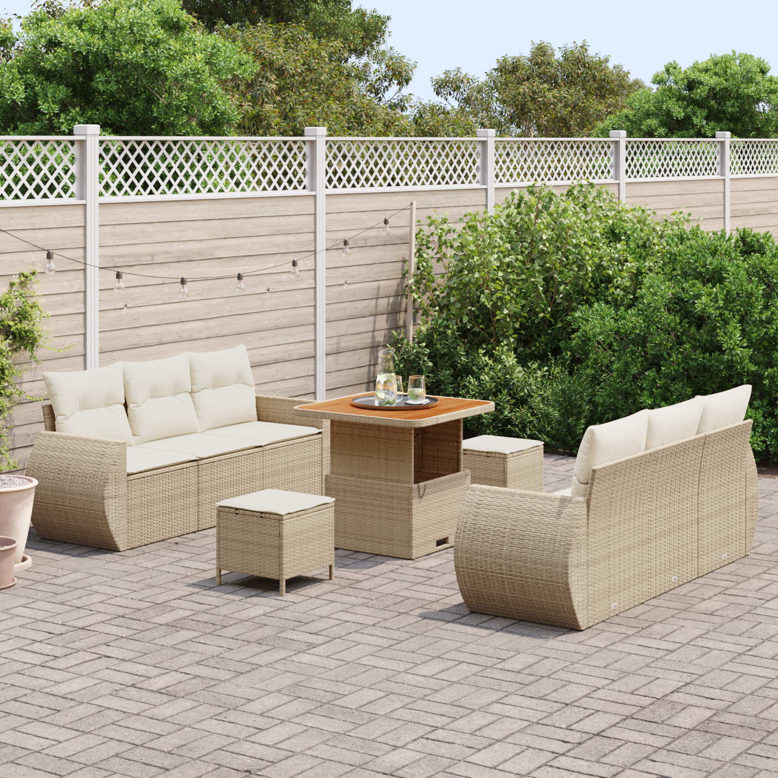 Set Divano da Giardino  9 Pezzi con Cuscini Beige Polyrattan Acacia