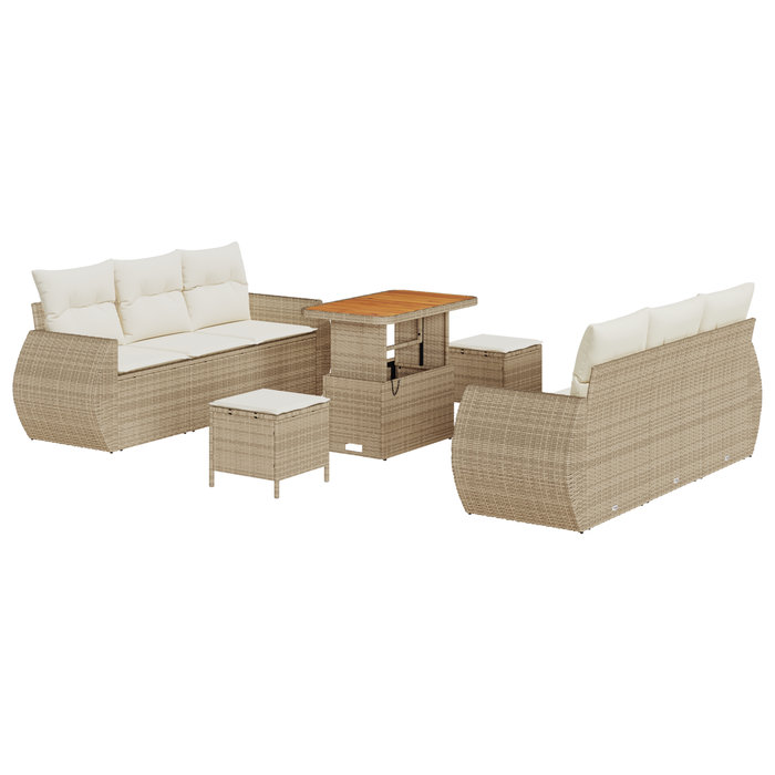 Set Divano Giardino  9 Pezzi con Cuscini Beige in Rattan Poli e Acacia