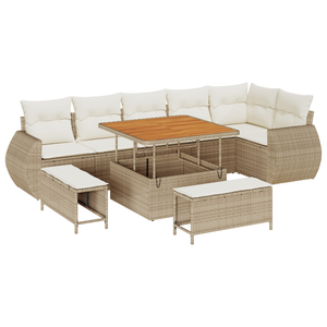 Set Divano da Giardino  9 Pezzi con Cuscini Beige in Rattan Polimerico e Acacia