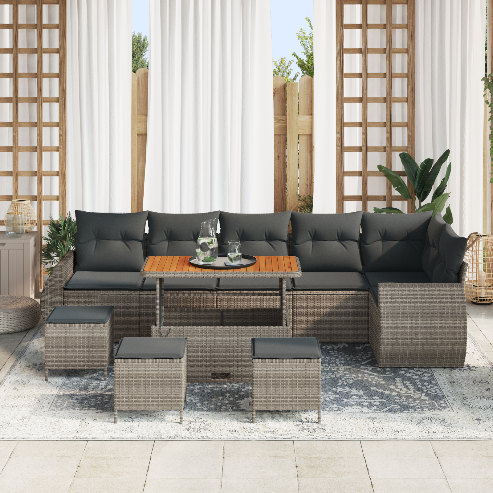 Set Divano da Giardino  da 10 Pezzi con Cuscini Grigio Polyrattan Acacia