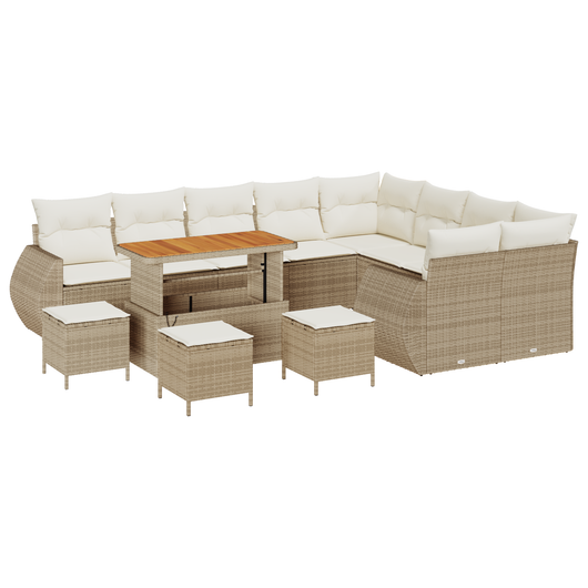 Set di Sofà da Giardino da 13 Pezzi con Cuscini Beige Polirattan Acacia