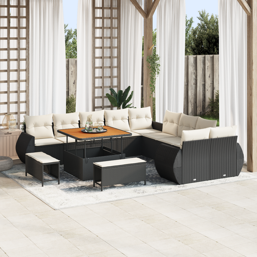 Set di Sofà da Giardino 13 Pezzi con Cuscini Nero Polyrattan Acacia