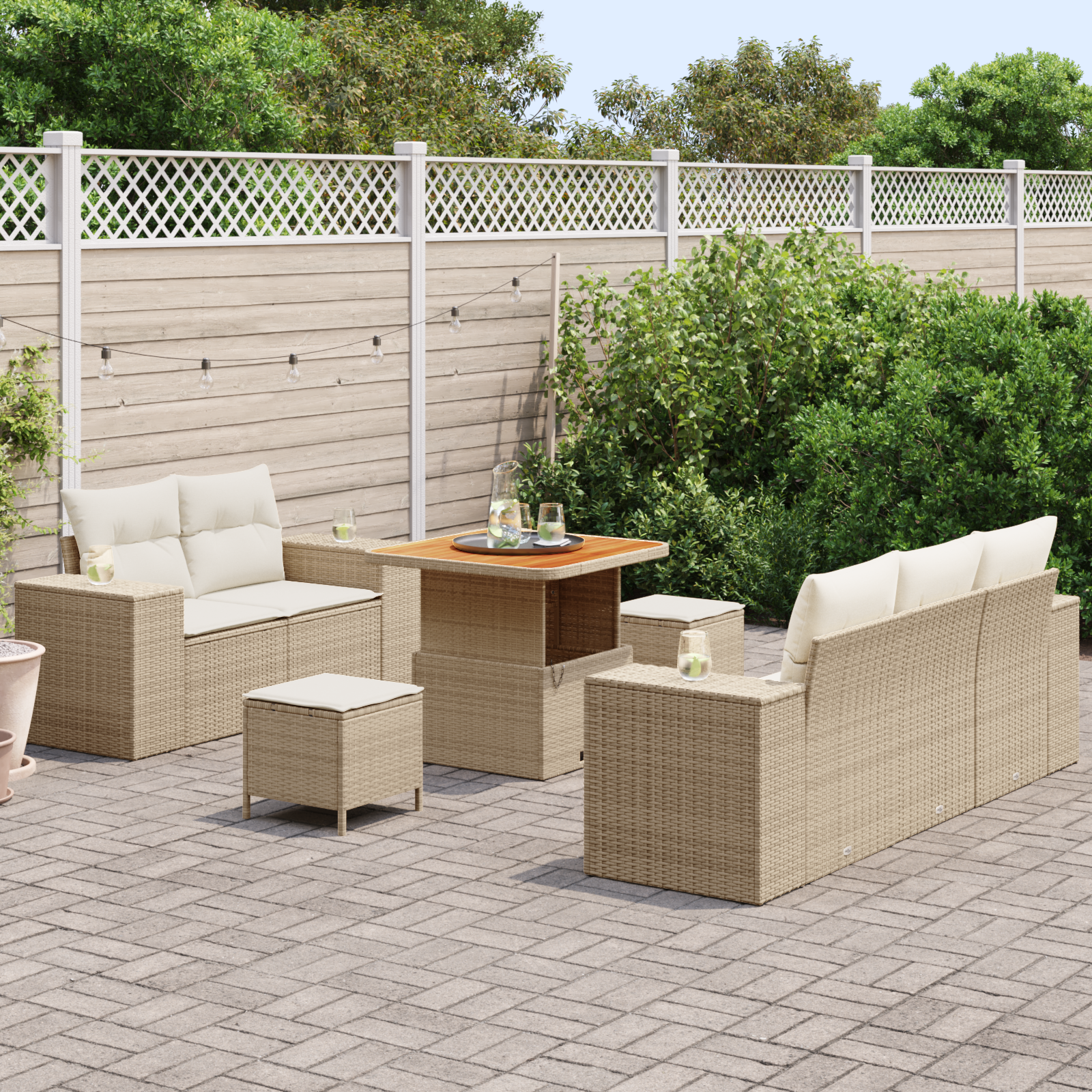 Set Divano da Giardino da 8 Pezzi con Cuscini Rattan PE Beige Acacia
