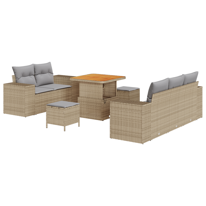 Set Divano da Giardino 8 Pezzi con Cuscini Beige Polirattan Acacia