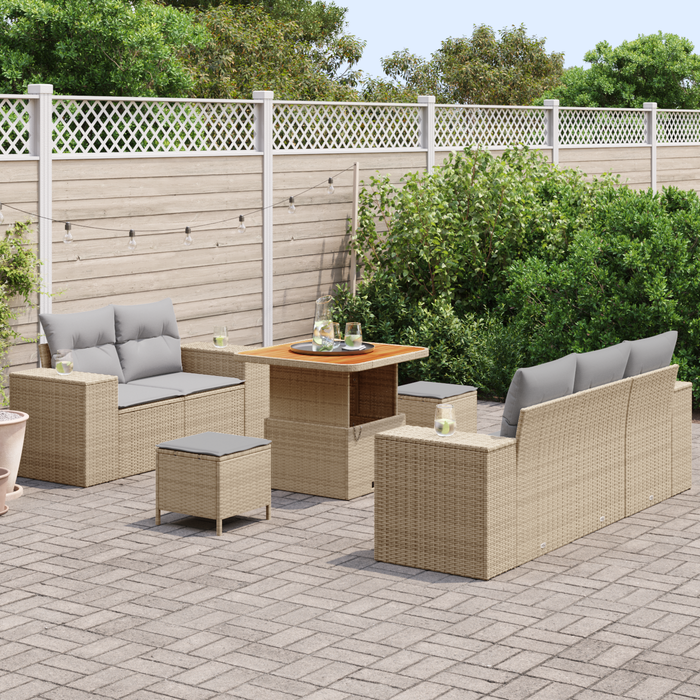 Set Divano da Giardino 8 Pezzi con Cuscini Beige Polirattan Acacia