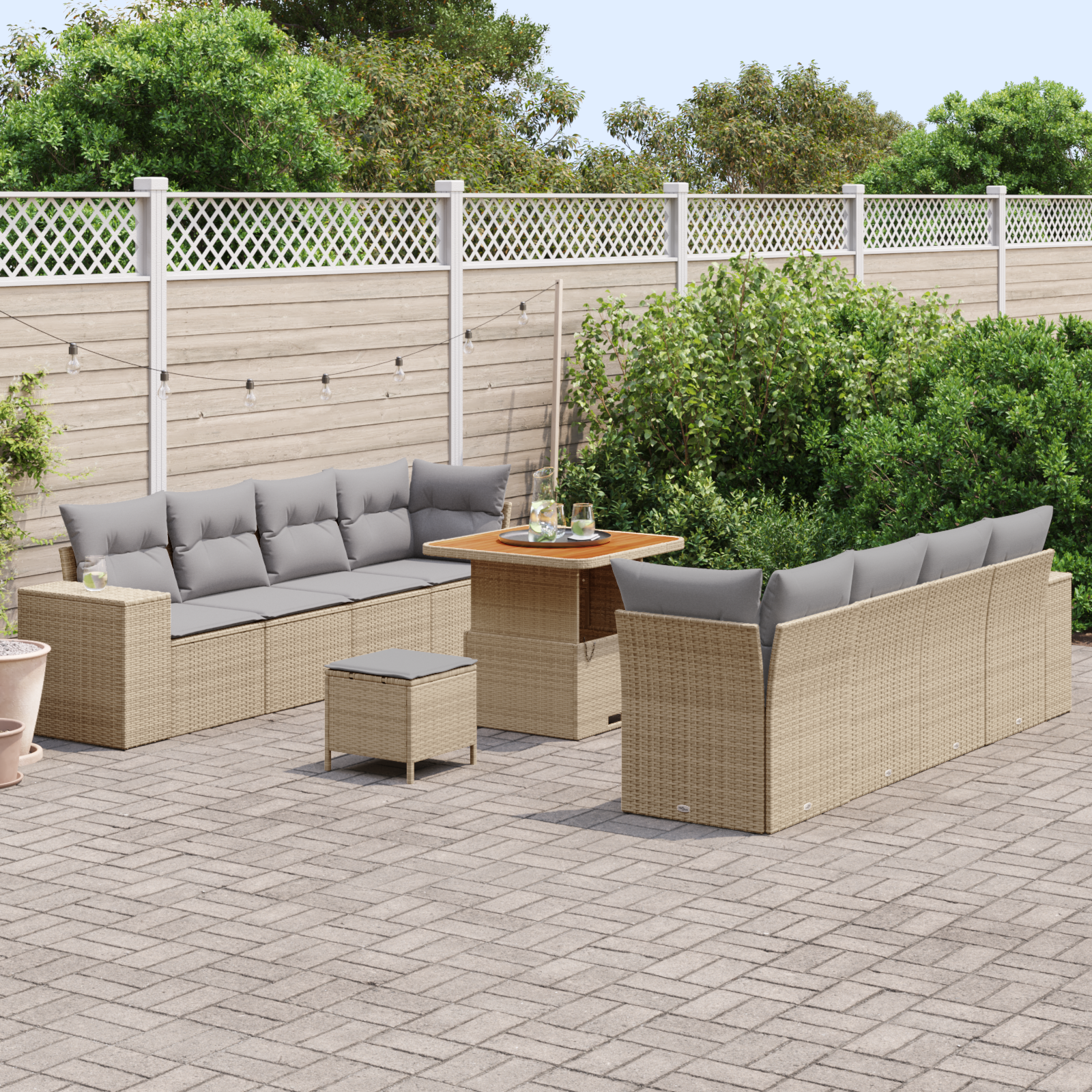 Set di Divano da Giardino a 11 Pezzi con Cuscini Beige in Polyrattan Acacia